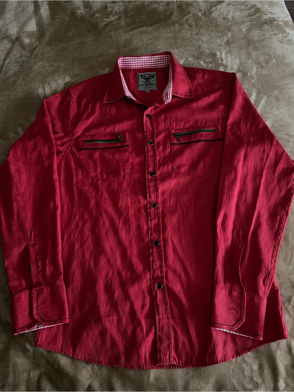 El General Red Long-Sleeve Button-Up Shirt Jacket with Zip Chest Pockets